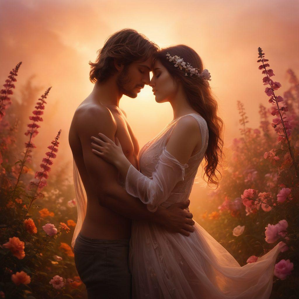 A passionate embrace between two figures, shrouded in soft, ethereal mist, symbolizing intimacy and connection, surrounded by blooming flowers to signify love’s growth. The background features a sunset that casts a warm, romantic glow, enhancing the sensual atmosphere. The figures are partly translucent to represent the vulnerability in erotic relationships. dreamy, surrealistic, vibrant colors.